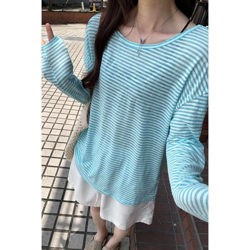 European Pure Sweet Spicy Backless Lace-Up Thin Long-Sleeved T-Shirt Women'S Summer Loose Striped Sunscreen Air Conditioning Blouse - Image 4