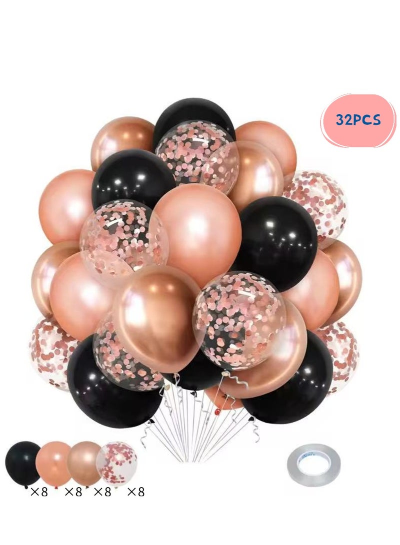 مجموعة من 32 بالون لاتكس باللونين الوردي والذهبي والأسود لتزيين حفلات الزفاف وأعياد الميلاد والذكرى السنوية