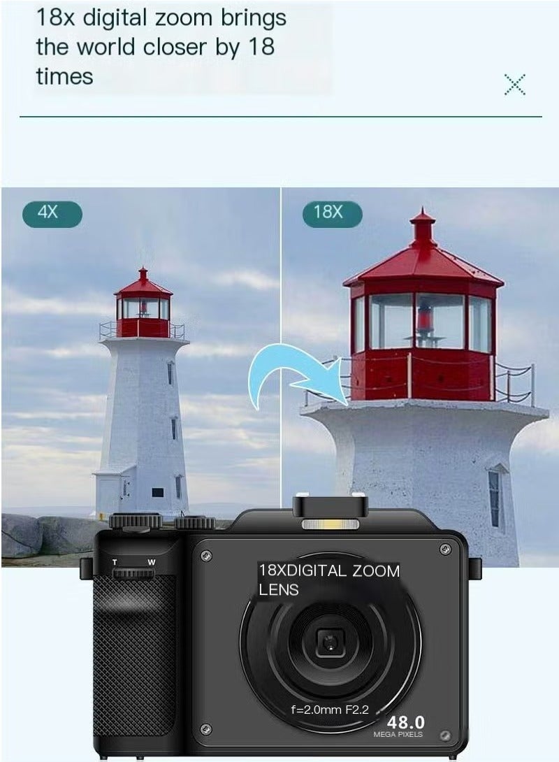 Digital Video Camera, 48MP 4k High Definition Action Camera, Mirrorless Video Recording Camera, Portable Sports Camera For Videography And Photography, (1pc, Black)