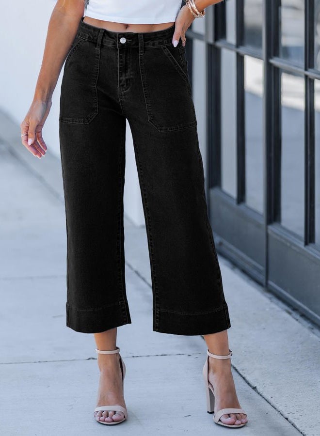 GRAPENT Capri Jeans for Women High Waisted Wide Leg Trendy Strechy Loose Straight Cropped Denim Jeans Pants with Pockets, Washed Black, L - Image 4