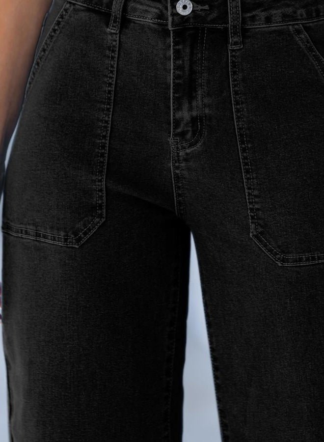 GRAPENT Capri Jeans for Women High Waisted Wide Leg Trendy Strechy Loose Straight Cropped Denim Jeans Pants with Pockets, Washed Black, L - Image 2