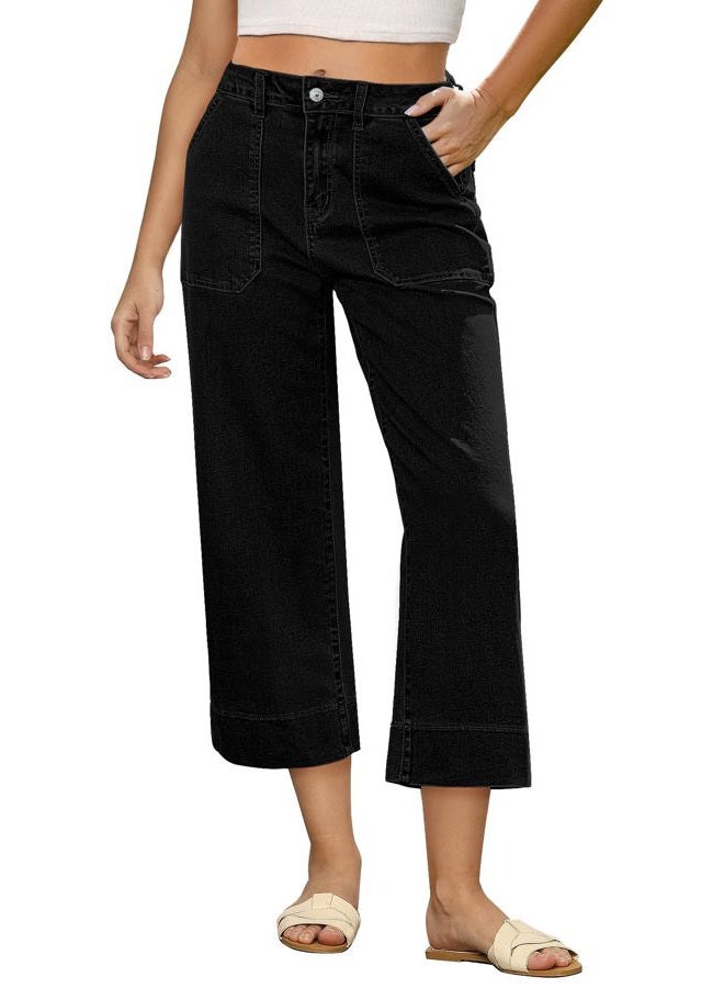 GRAPENT Capri Jeans for Women High Waisted Wide Leg Trendy Strechy Loose Straight Cropped Denim Jeans Pants with Pockets, Washed Black, L - Image 1
