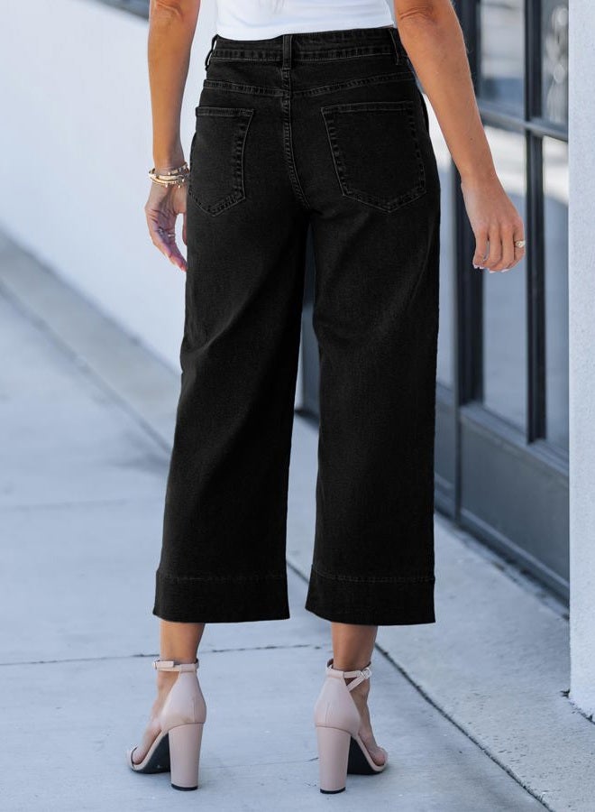 GRAPENT Capri Jeans for Women High Waisted Wide Leg Trendy Strechy Loose Straight Cropped Denim Jeans Pants with Pockets, Washed Black, L - Image 3
