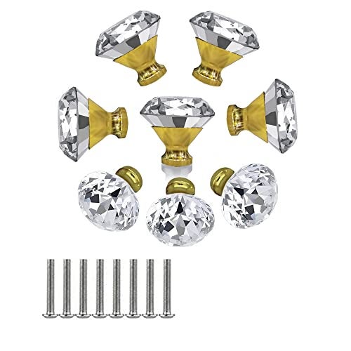 J P Hardware Clear Glass Crystal Cabinet Knobs/Glass Dresser Knobs Pack of 8 (30mm) (Gold Diamond knobs) - Image 1