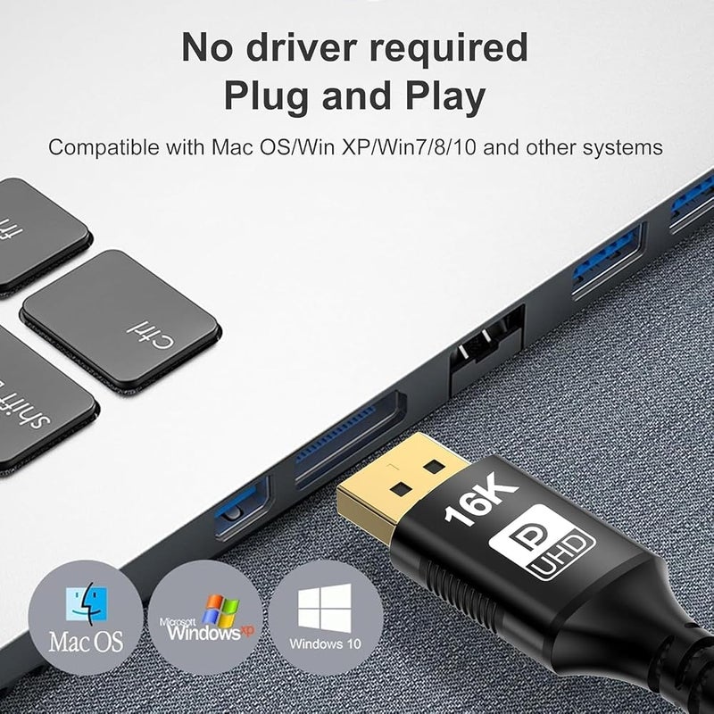 كابل DisplayPort 2.1 من X Spring، طوله 2 متر، يدعم دقة 16K بمعدل 60Hz و8K بمعدل 120Hz و4K بمعدل 240Hz، كابل Mini DP إلى DP ثنائي الاتجاه، مزود بموصل من النايلون المنسوج مطلي بالذهب بسرعة نقل بيانات 80Gbps ودعم لتقنية HDR، مناسب لشاشات الكمب - Image 5