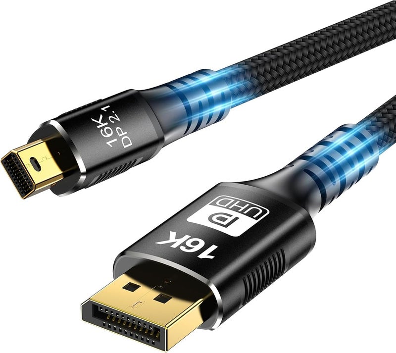 كابل DisplayPort 2.1 من X Spring، طوله 2 متر، يدعم دقة 16K بمعدل 60Hz و8K بمعدل 120Hz و4K بمعدل 240Hz، كابل Mini DP إلى DP ثنائي الاتجاه، مزود بموصل من النايلون المنسوج مطلي بالذهب بسرعة نقل بيانات 80Gbps ودعم لتقنية HDR، مناسب لشاشات الكمب - Image 1