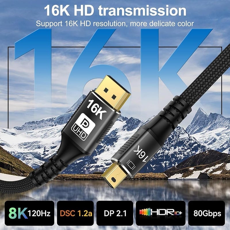كابل DisplayPort 2.1 من X Spring، طوله 2 متر، يدعم دقة 16K بمعدل 60Hz و8K بمعدل 120Hz و4K بمعدل 240Hz، كابل Mini DP إلى DP ثنائي الاتجاه، مزود بموصل من النايلون المنسوج مطلي بالذهب بسرعة نقل بيانات 80Gbps ودعم لتقنية HDR، مناسب لشاشات الكمب - Image 3