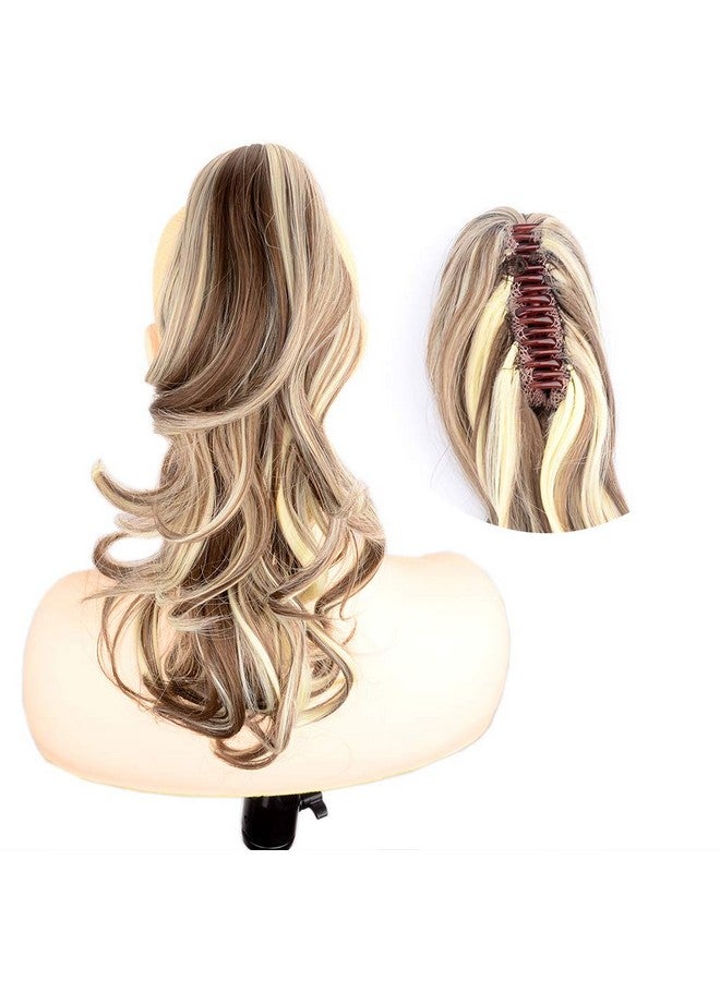 DIGUAN 13 Inches Ombre Claw Clip In Wavy Loose Curly Synthetic Wrap Around Ponytail Extensions Short Pony Tail Clip In Extensions For Women Girl 4Oz/115G (8H613Dark Brown Mix White Blonde) - Image 1