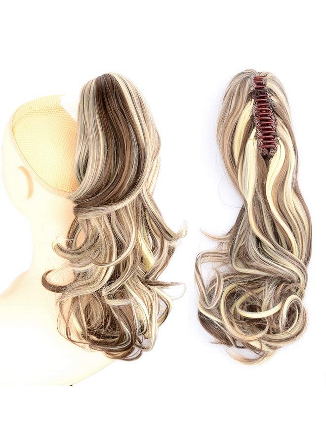 DIGUAN 13 Inches Ombre Claw Clip In Wavy Loose Curly Synthetic Wrap Around Ponytail Extensions Short Pony Tail Clip In Extensions For Women Girl 4Oz/115G (8H613Dark Brown Mix White Blonde) - Image 3
