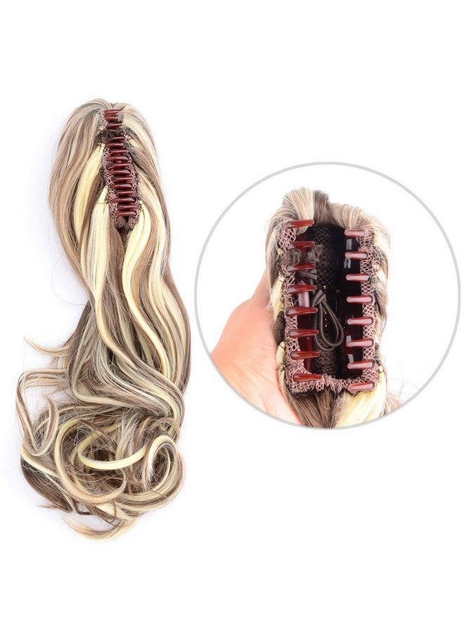 DIGUAN 13 Inches Ombre Claw Clip In Wavy Loose Curly Synthetic Wrap Around Ponytail Extensions Short Pony Tail Clip In Extensions For Women Girl 4Oz/115G (8H613Dark Brown Mix White Blonde) - Image 5