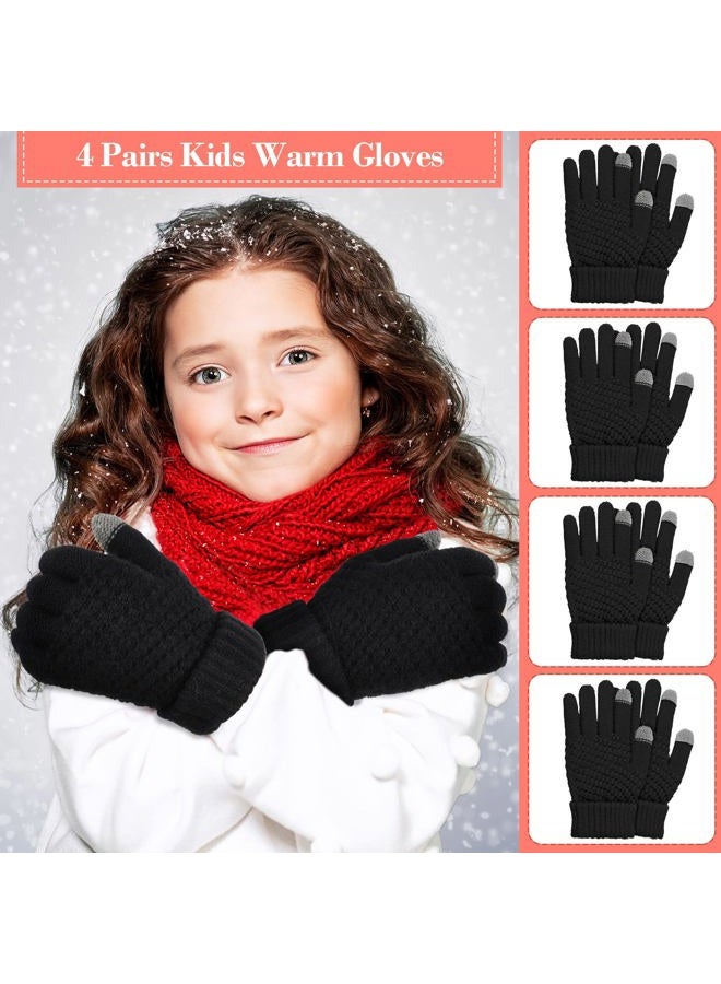 Coume 4 Pairs Kids Winter Touchscreen Gloves Warm Fleece Lined Child Knit Gloves Elastic Cuff Winter Texting Gloves for Girls Boys Ages 6-12(Black) - Image 5