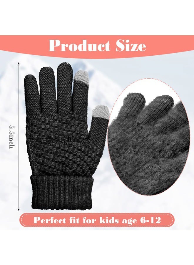 Coume 4 Pairs Kids Winter Touchscreen Gloves Warm Fleece Lined Child Knit Gloves Elastic Cuff Winter Texting Gloves for Girls Boys Ages 6-12(Black) - Image 2
