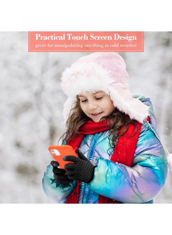 Coume 4 Pairs Kids Winter Touchscreen Gloves Warm Fleece Lined Child Knit Gloves Elastic Cuff Winter Texting Gloves for Girls Boys Ages 6-12(Black) - Image 3