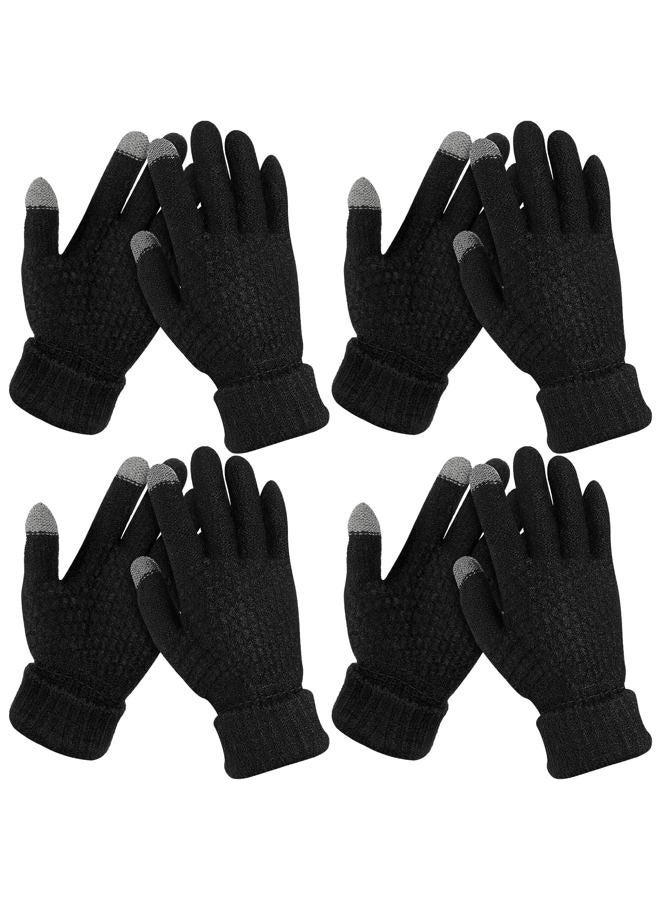 Coume 4 Pairs Kids Winter Touchscreen Gloves Warm Fleece Lined Child Knit Gloves Elastic Cuff Winter Texting Gloves for Girls Boys Ages 6-12(Black) - Image 1