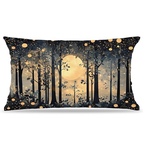 BUJSP Rustic Night Moon William Morris Inspired Forest Gold Pillow Covers 18x18,Vintage Black and Gold Botanical Nature Landscape Decorative Throw Pillow Covers for Home Bedroom Living Room - Image 1