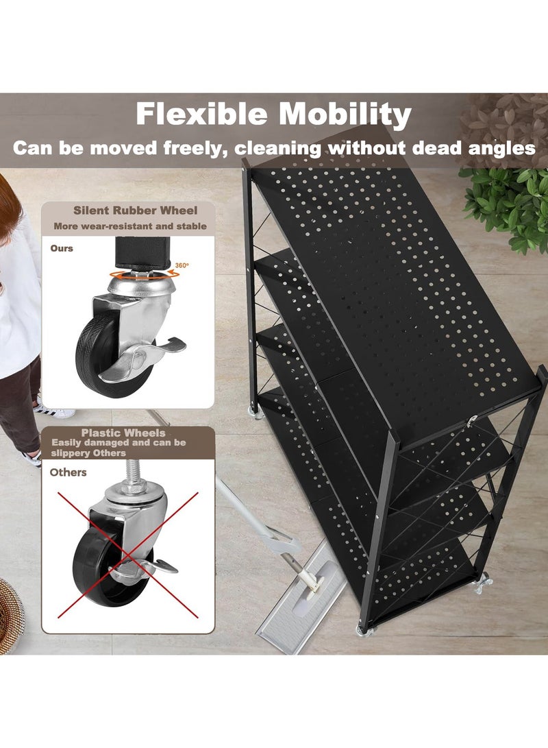 Bentifar 4 Tier Thickened Foldable Storage Shelves with Wheels,No Assembly,Large Capacity,Heavy-Duty Metal Shelving Unit Rolling Cart for Garage, Kitchen, Basement, Pantry(Black, 4-Tier) - Image 4