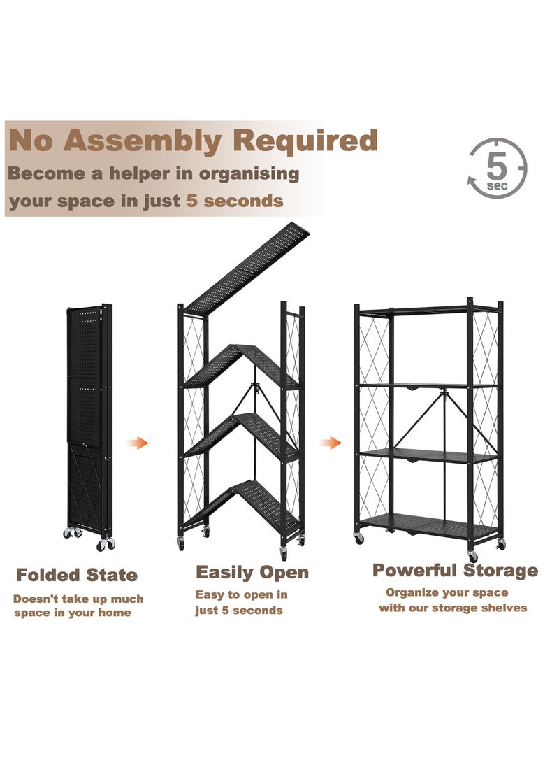 Bentifar 4 Tier Thickened Foldable Storage Shelves with Wheels,No Assembly,Large Capacity,Heavy-Duty Metal Shelving Unit Rolling Cart for Garage, Kitchen, Basement, Pantry(Black, 4-Tier) - Image 5