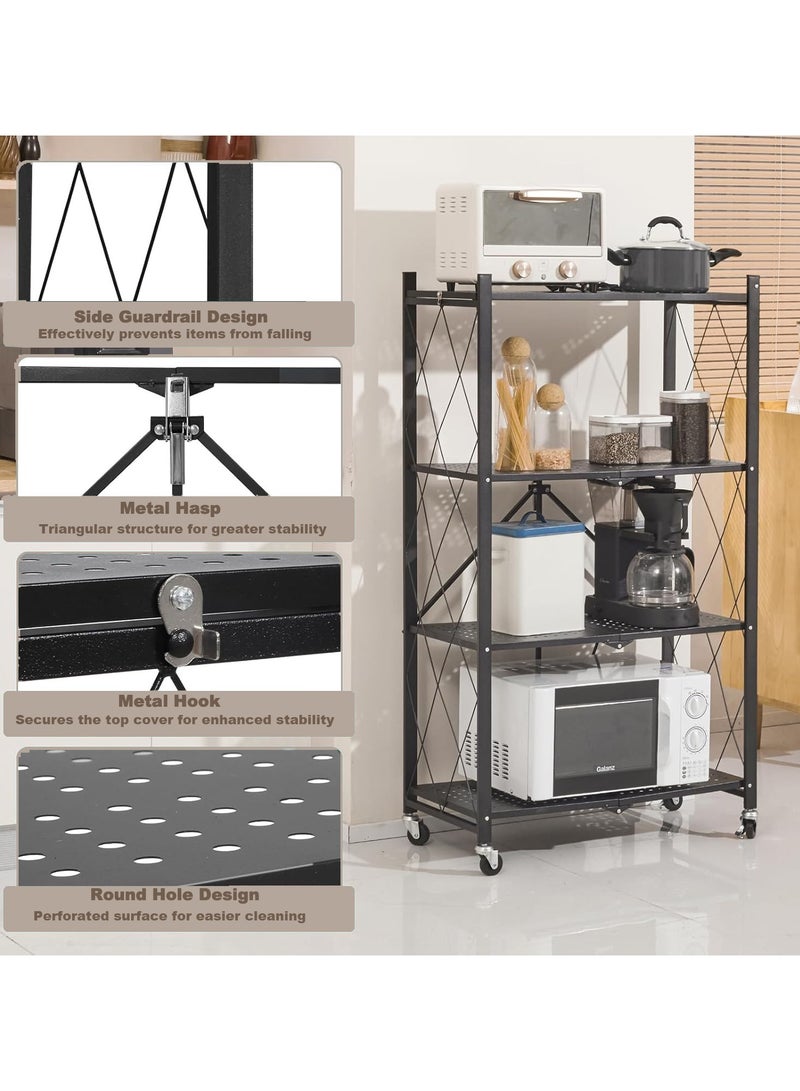 Bentifar 4 Tier Thickened Foldable Storage Shelves with Wheels,No Assembly,Large Capacity,Heavy-Duty Metal Shelving Unit Rolling Cart for Garage, Kitchen, Basement, Pantry(Black, 4-Tier) - Image 3