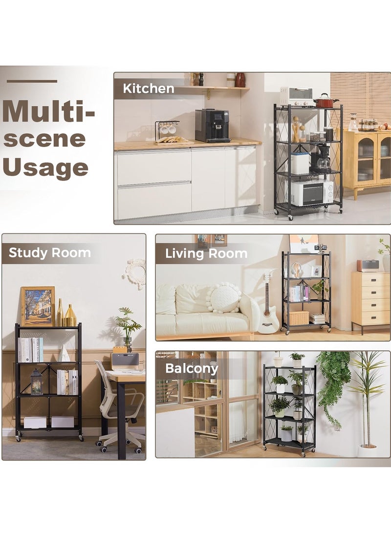 Bentifar 4 Tier Thickened Foldable Storage Shelves with Wheels,No Assembly,Large Capacity,Heavy-Duty Metal Shelving Unit Rolling Cart for Garage, Kitchen, Basement, Pantry(Black, 4-Tier) - Image 2