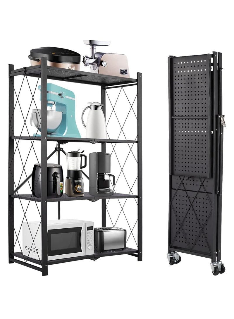 Bentifar 4 Tier Thickened Foldable Storage Shelves with Wheels,No Assembly,Large Capacity,Heavy-Duty Metal Shelving Unit Rolling Cart for Garage, Kitchen, Basement, Pantry(Black, 4-Tier) - Image 1