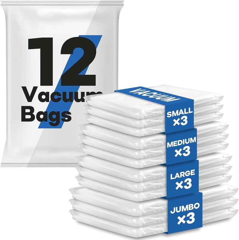 Vacbird 12 Pack 3 Jumbo / 3L / 3M / 3S Vacuum Bags for Clothes, Duvets, Mattresses, Blankets, Pillows, Bedding, Travel, Moving House - Image 1