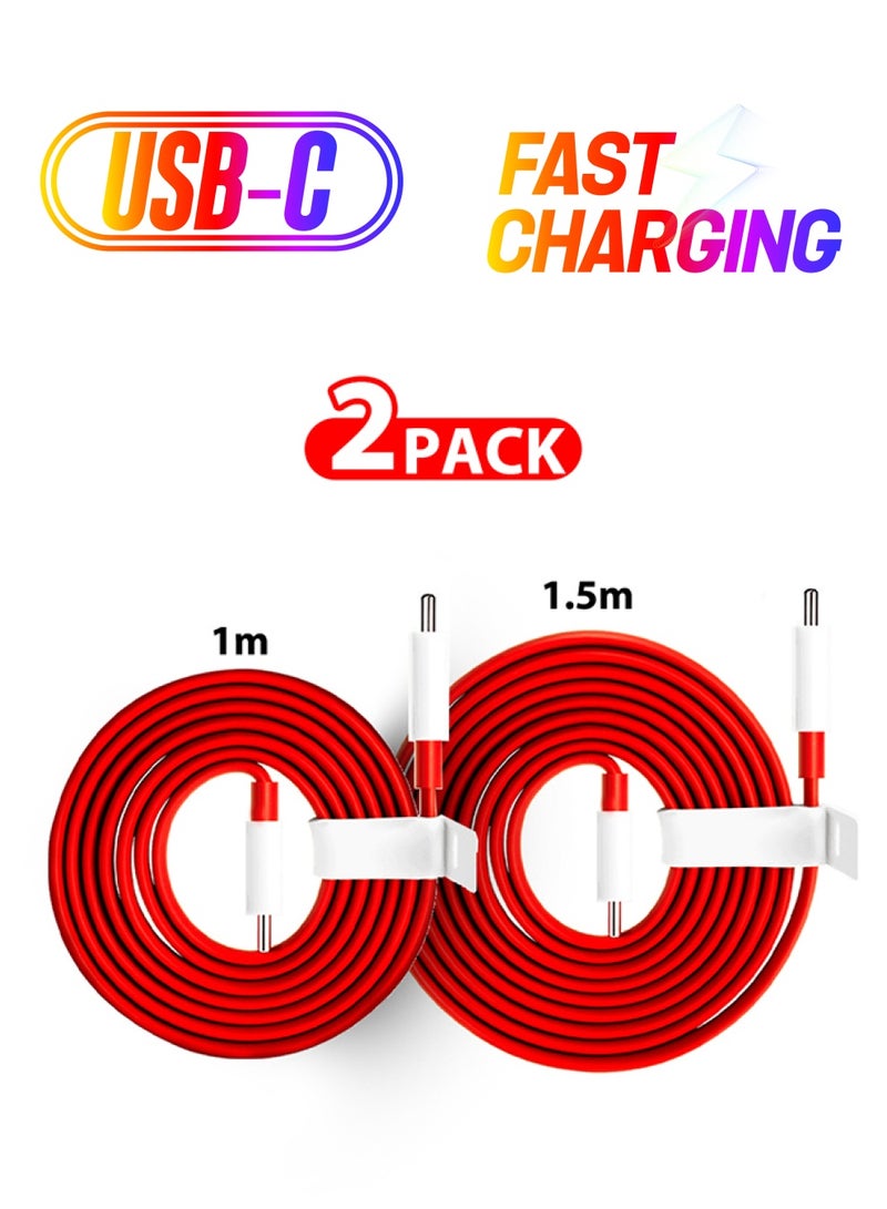 OnePlus 2 Pack Original Type C Warp Charging Cable Quick Charge PD Type C To Type C Dash Charging Cable 1.5M and 1M Red - Image 1