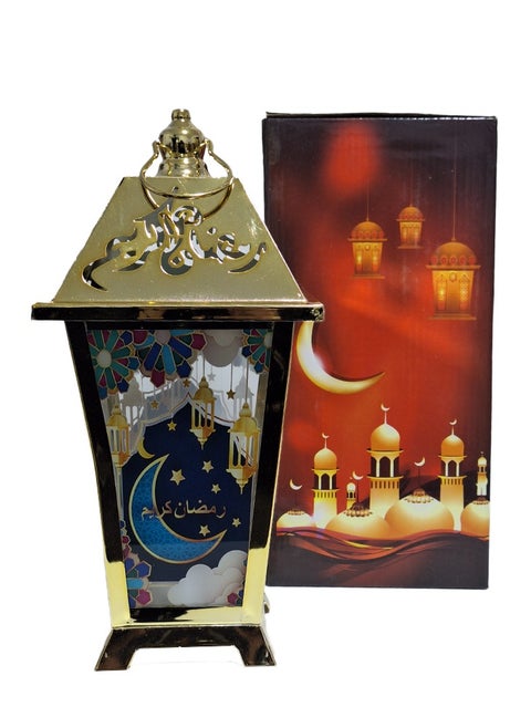 Ramadan lantern for children or home decor, musical lantern, Ramadan song with gentle lighting, Ramadan lanterns, colored glass toy lantern and a beautiful copper frame design in golden color for a peaceful Ramadan atmosphere