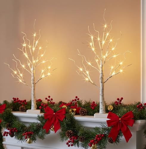 EAMBRITE Lighted Birch Tree Christmas Decorations Indoor for Home, 2Pack 24 LED Battery Operated/USB Tabletop Mini Small Artificial White Trees with Lights for Table Mantel Winter Xmas Decor (2FT) - Image 2