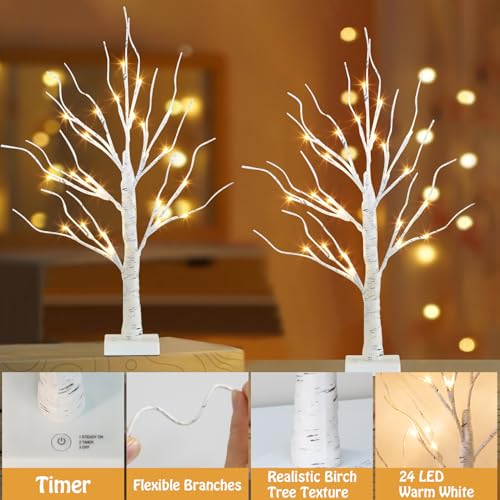 EAMBRITE Lighted Birch Tree Christmas Decorations Indoor for Home, 2Pack 24 LED Battery Operated/USB Tabletop Mini Small Artificial White Trees with Lights for Table Mantel Winter Xmas Decor (2FT) - Image 4