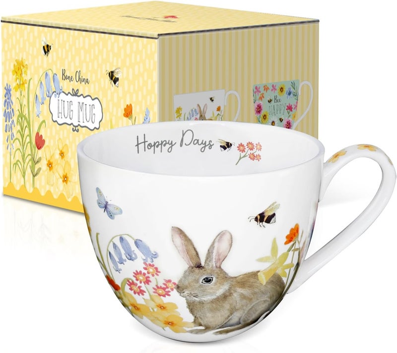 MFoffice 20 oz Rabbit Coffee Hug Mug, Spring Flowers & Happy Days Slogan, Premium Bone China Cute Bunny Mug, Perfect Birthday and Christmas Gift for Women, Designed in England by Harvest Green Studio - Image 2