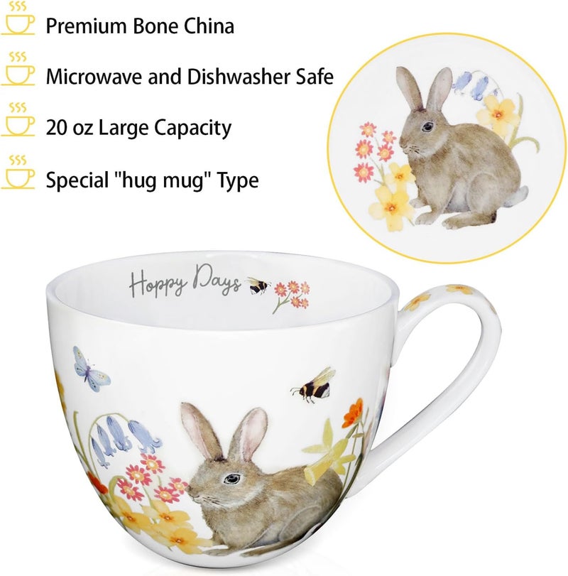 MFoffice 20 oz Rabbit Coffee Hug Mug, Spring Flowers & Happy Days Slogan, Premium Bone China Cute Bunny Mug, Perfect Birthday and Christmas Gift for Women, Designed in England by Harvest Green Studio - Image 4