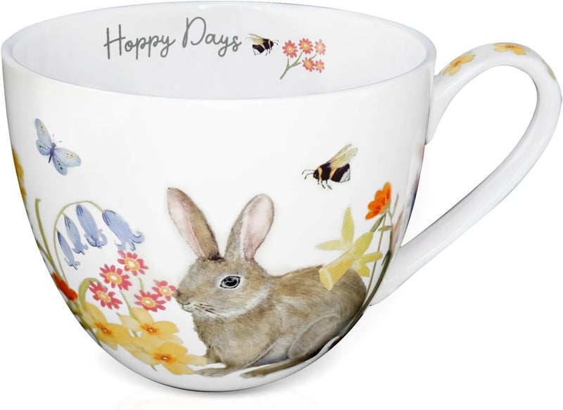 MFoffice 20 oz Rabbit Coffee Hug Mug, Spring Flowers & Happy Days Slogan, Premium Bone China Cute Bunny Mug, Perfect Birthday and Christmas Gift for Women, Designed in England by Harvest Green Studio - Image 1