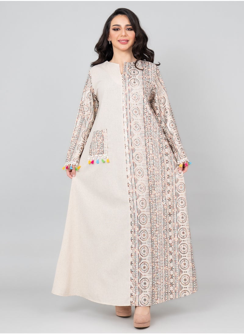 اكسا جلابية انيقة مطرزة كتان IK1025 بيج  - Image 1