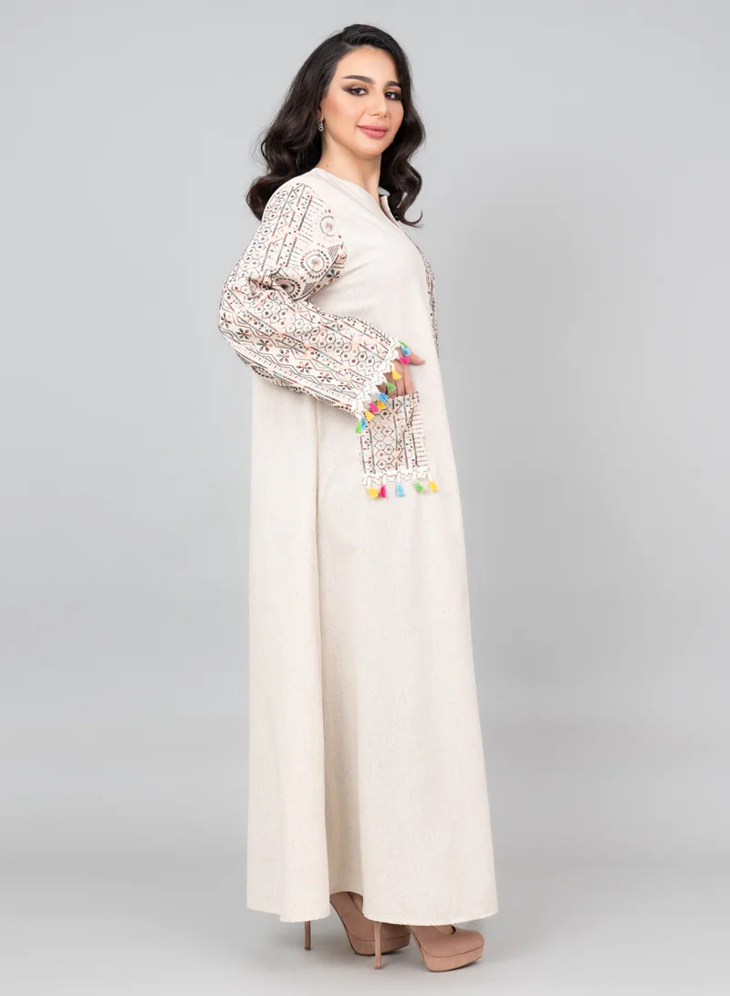 IKKXA Elegant Embroidered Linen Jalabiya IK1025 Beige