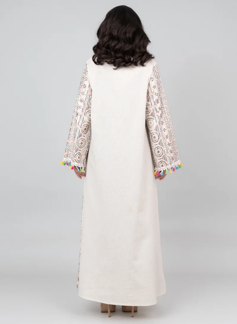 IKKXA Elegant Embroidered Linen Jalabiya IK1025 Beige