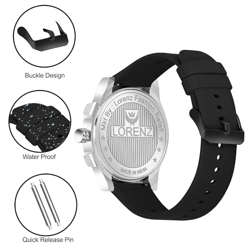 LORENZ Black Dial Analog Watch with Black Silicone Buckle Lock Strap | Watch for Men | MK-4090R - Image 3