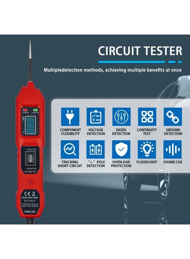 Red Automotive Circuit Tester with Voltage Display LED Light Overload Protection - Image 5