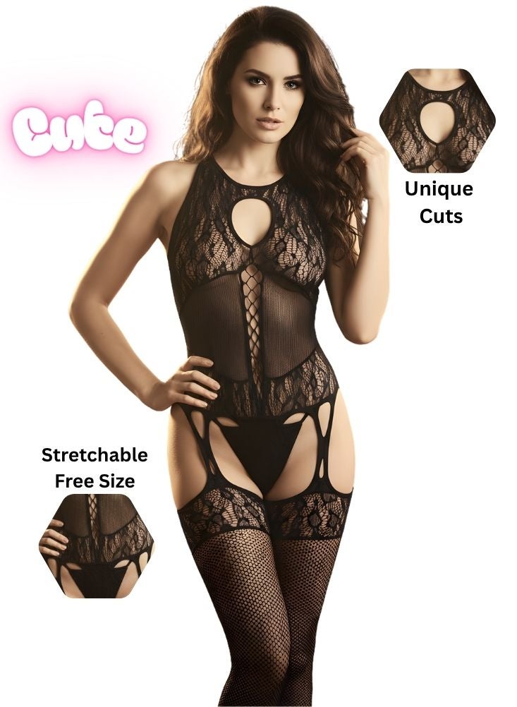 Cute Unique Cut Lace Fishnet Lingerie Bodystocking – Stretchable Free Size Design - Image 1