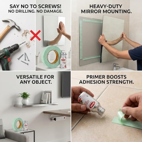 Mario Mirror Mounting High Bonding Double Sided Tape 12mm x 5m Heavy Duty Foam Adhesive with Primer VHB Grade Waterproof Wall Fixing Tape Strong & Secure Bonding - Image 2