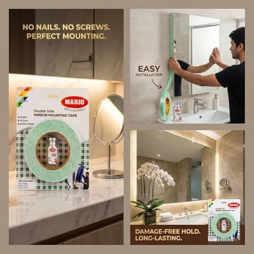 Mario Mirror Mounting High Bonding Double Sided Tape 12mm x 5m Heavy Duty Foam Adhesive with Primer VHB Grade Waterproof Wall Fixing Tape Strong & Secure Bonding - Image 3
