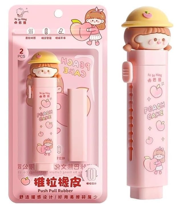 Parshya Cute Sweet Pink Pencil Pouch with Peach Cake Push Pull Eraser Set for Girls | Cartoon Plush Stationery Combo for School & Office Use | Adorable Zipper Pen Case + Creative Eraser Pack - Image 3