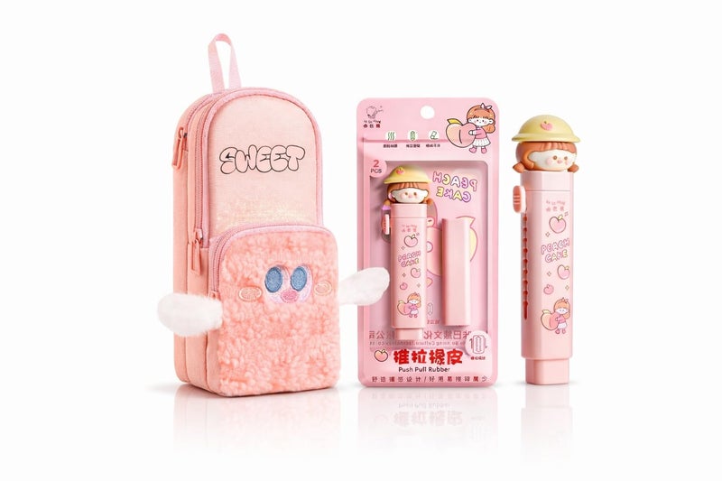Parshya Cute Sweet Pink Pencil Pouch with Peach Cake Push Pull Eraser Set for Girls | Cartoon Plush Stationery Combo for School & Office Use | Adorable Zipper Pen Case + Creative Eraser Pack - Image 1