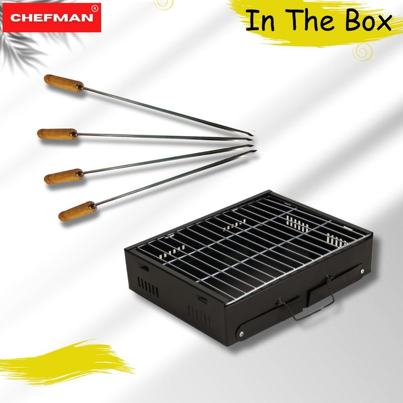 Chefman Mini Portable Table Top Charcoal Barbeque Grill for Outdoor Cooking, Featuring Foldable Legs, Removable Grill, and 4 Skewers, Perfect for Camping, Tailgating, Picnics, and Backyard Barbecues - Image 5