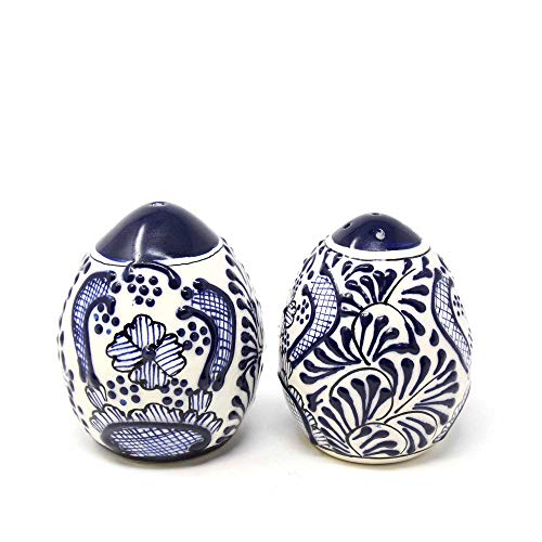Global Crafts Encantada Handmade Hand-Painted Authentic Mexican Pottery, Salt and Pepper Shaker Set, Blue Flower (MC085F-K2) - Image 2