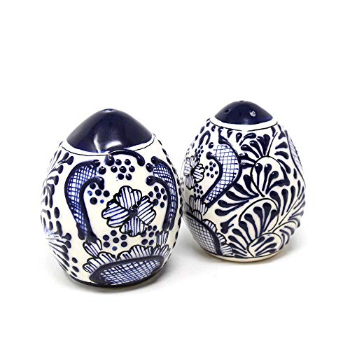 Global Crafts Encantada Handmade Hand-Painted Authentic Mexican Pottery, Salt and Pepper Shaker Set, Blue Flower (MC085F-K2) - Image 3