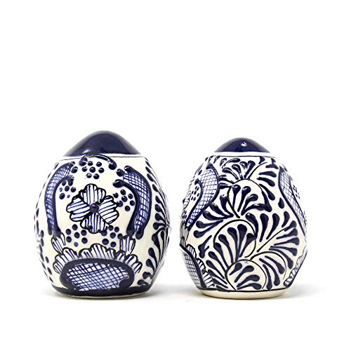 Global Crafts Encantada Handmade Hand-Painted Authentic Mexican Pottery, Salt and Pepper Shaker Set, Blue Flower (MC085F-K2) - Image 1