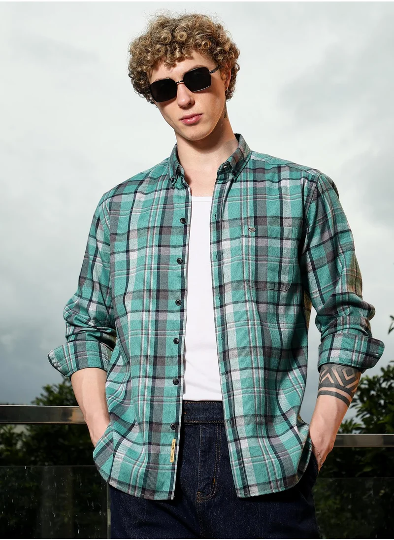 Campus Sutra Men's Green Plaid Tailored Fit Full Sleeve Shirt