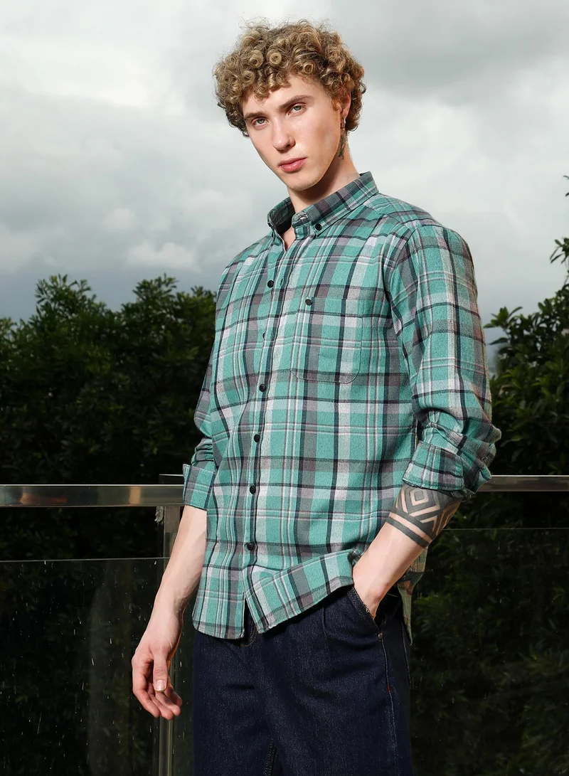Campus Sutra Men's Green Plaid Tailored Fit Full Sleeve Shirt
