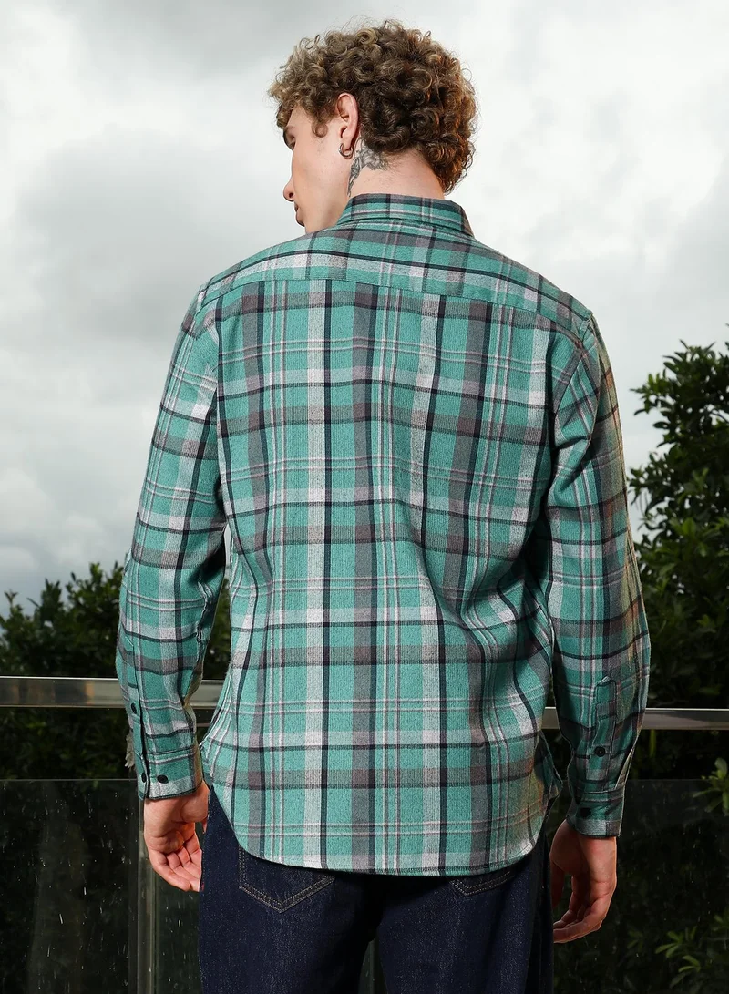 Campus Sutra Men's Green Plaid Tailored Fit Full Sleeve Shirt