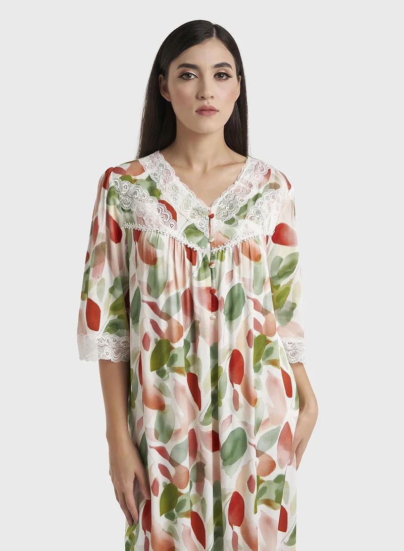 Kashkha Multicolour Leaf Print Viscose Long Nightwear Dress (CNH469)